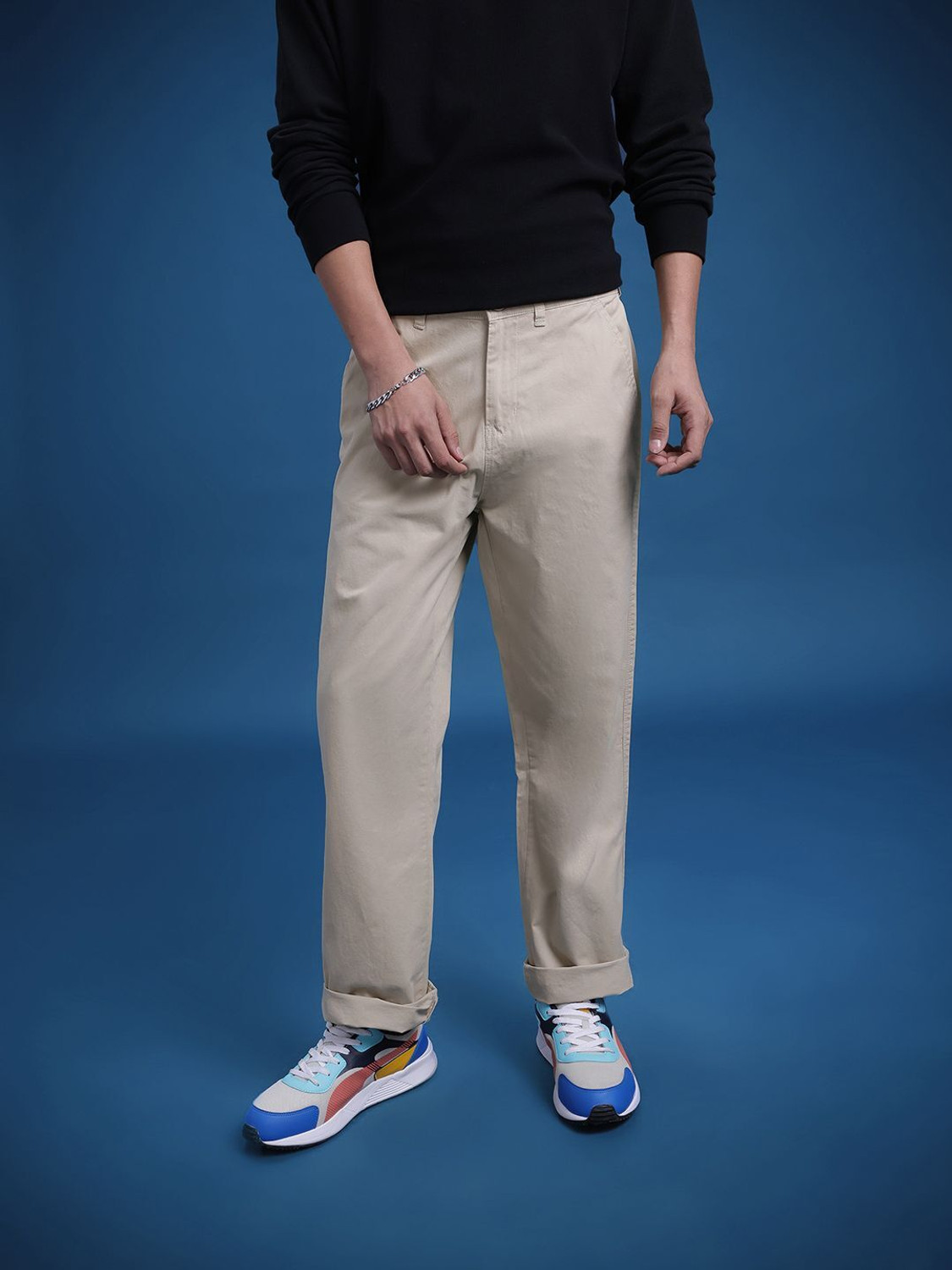 Image of Roadster Straight Fit Men Beige Trousers