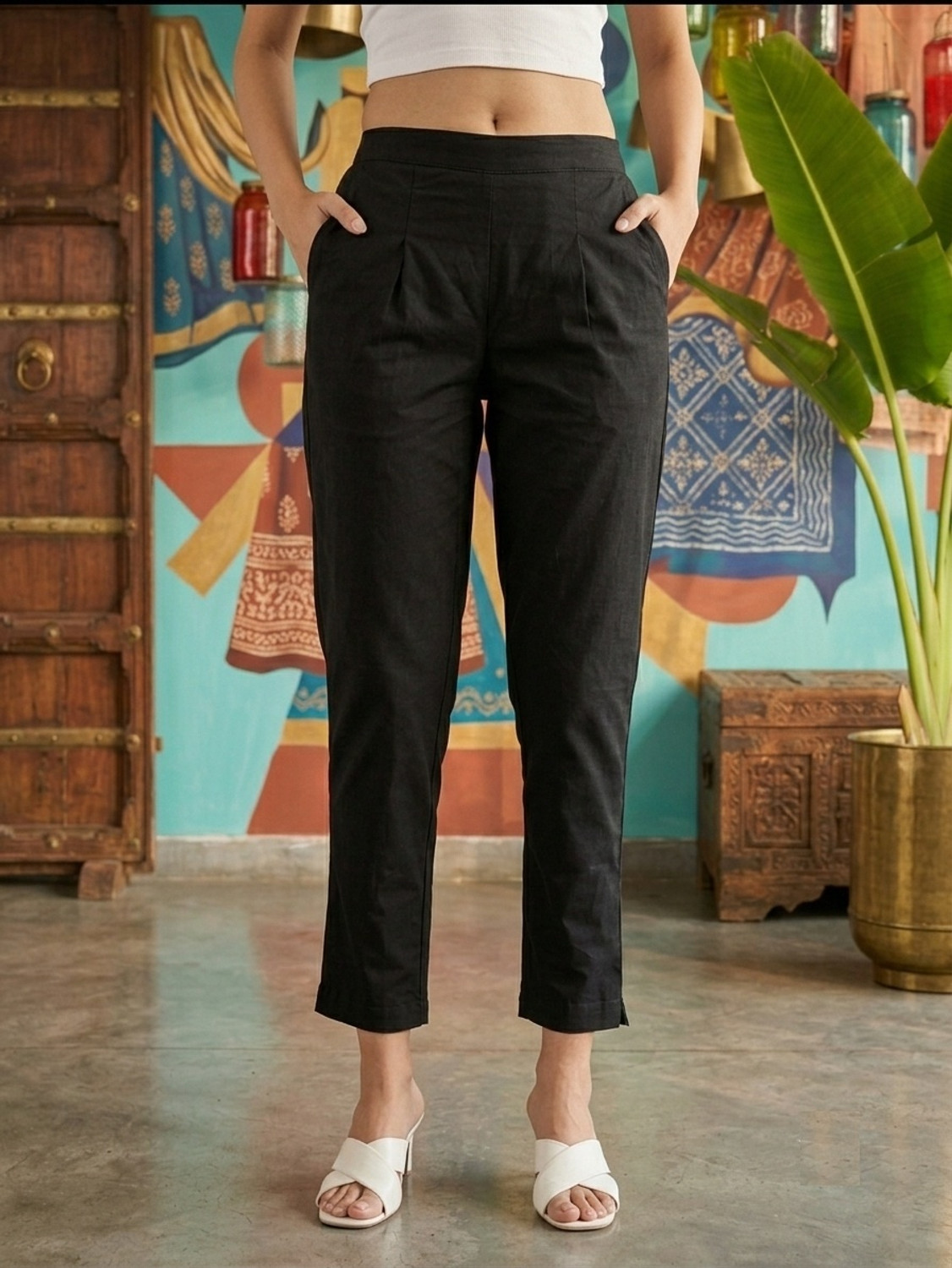 Image of fnj Women Regular Fit Black Pure Cotton Trousers