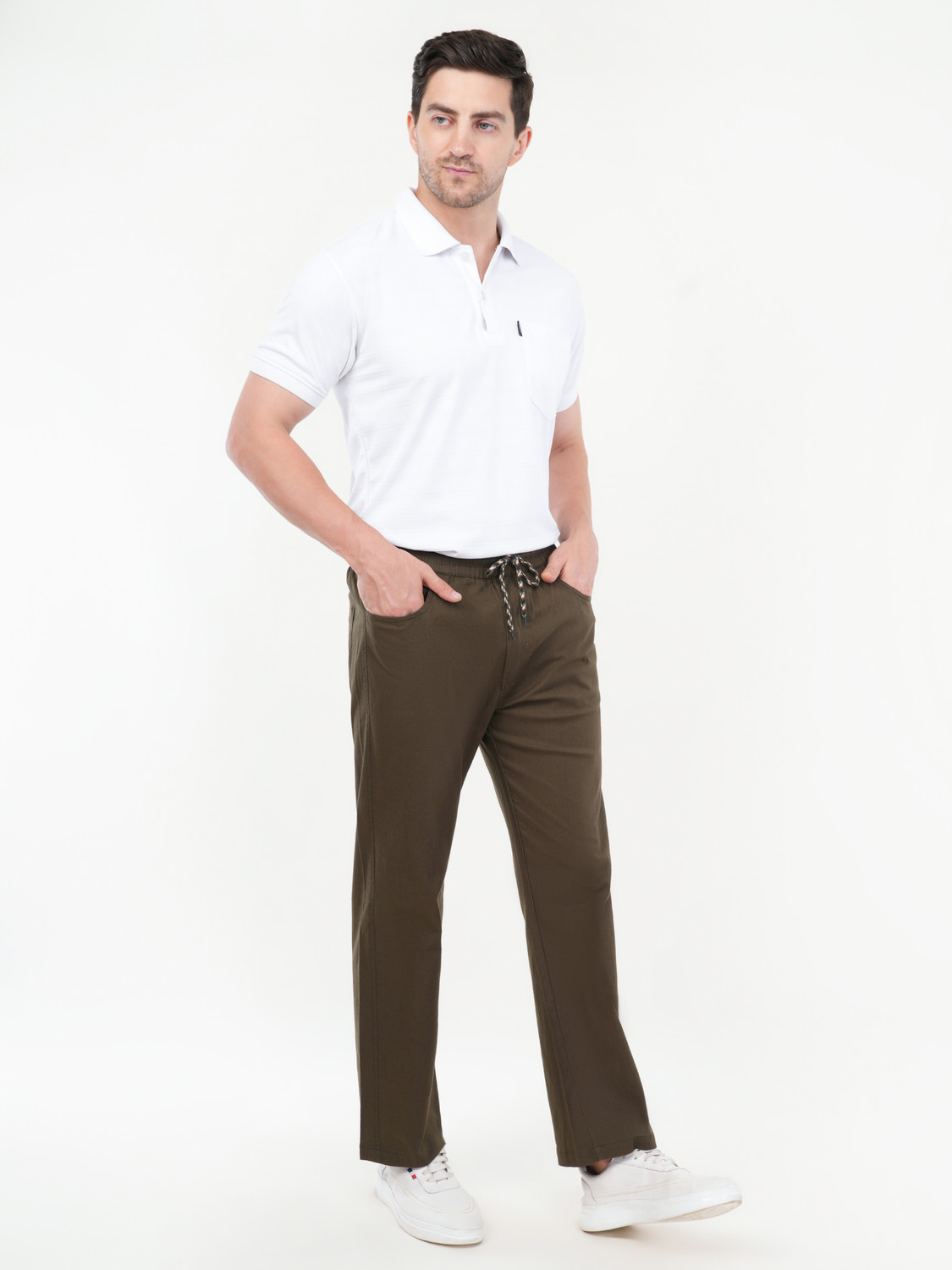 Image of ZULX Men Straight Fit Dark Green Linen Blend Trousers