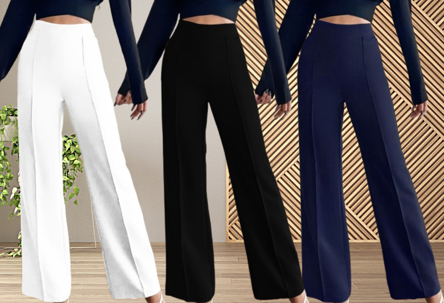 Image of Parona Regular Fit Women White, Black, Dark Blue Trousers