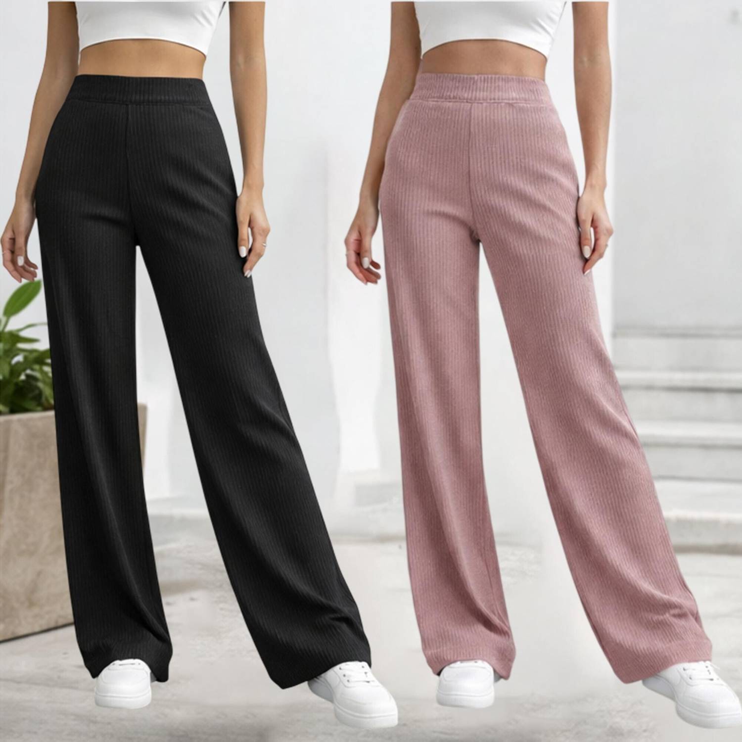 Fabflee Pack of 2 Women Relaxed Multicolor Cotton Blend Trousers
