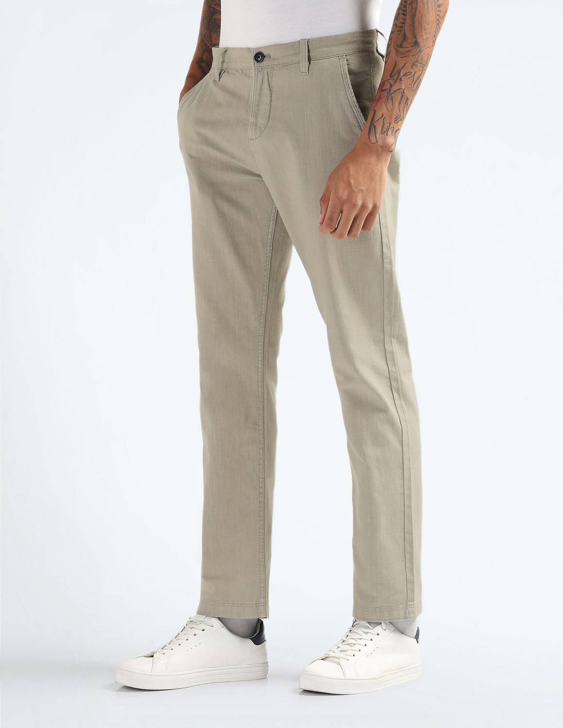 Men Regular Fit Beige Cotton Blend Trousers - Image 4