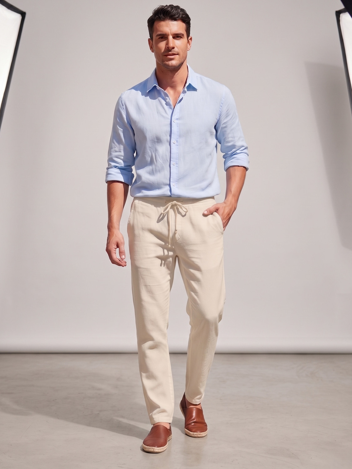 Image of woomny Regular Fit Men Cream Trousers
