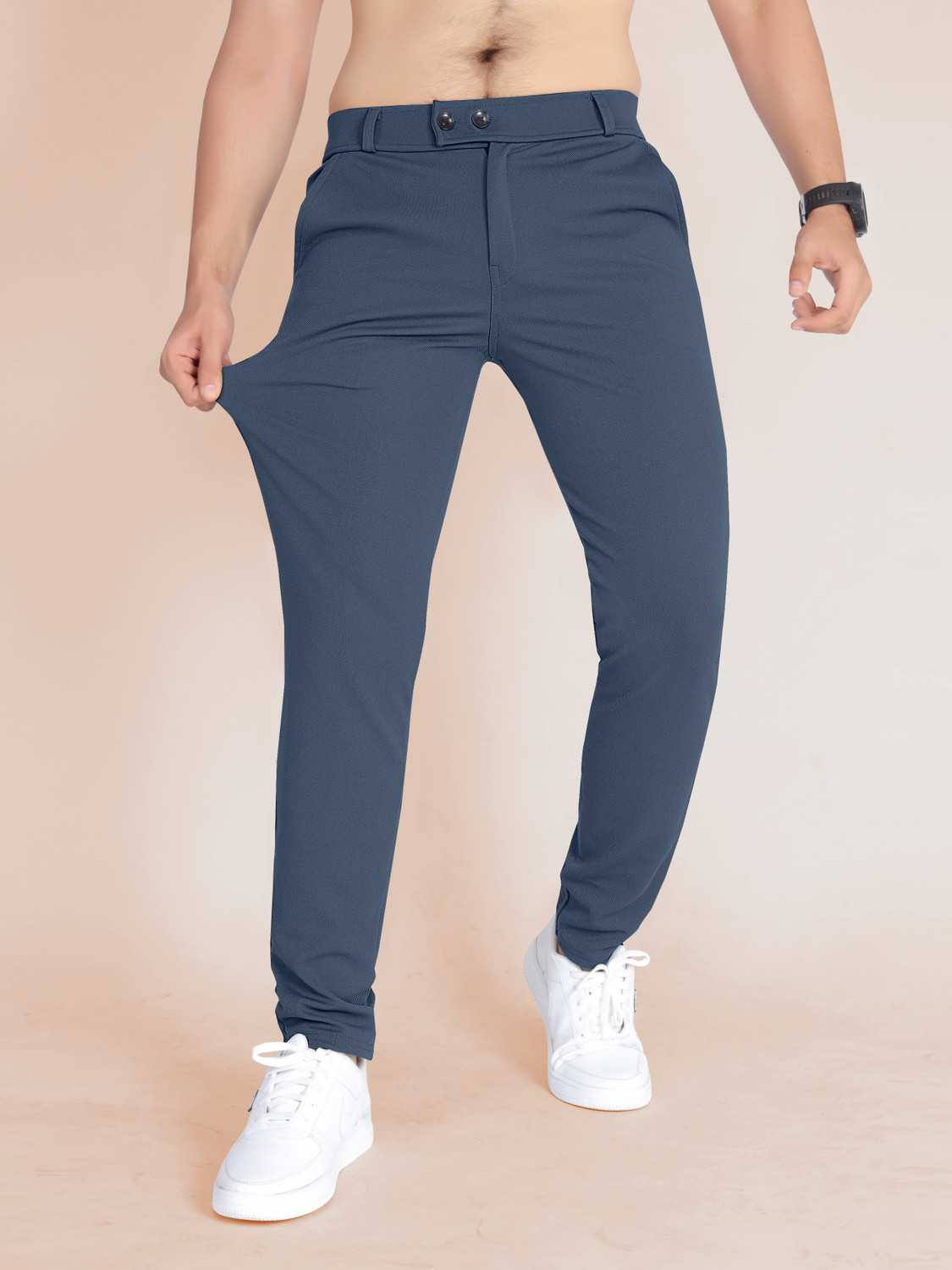 Image of Shivark Slim Fit Men Dark Blue Trousers