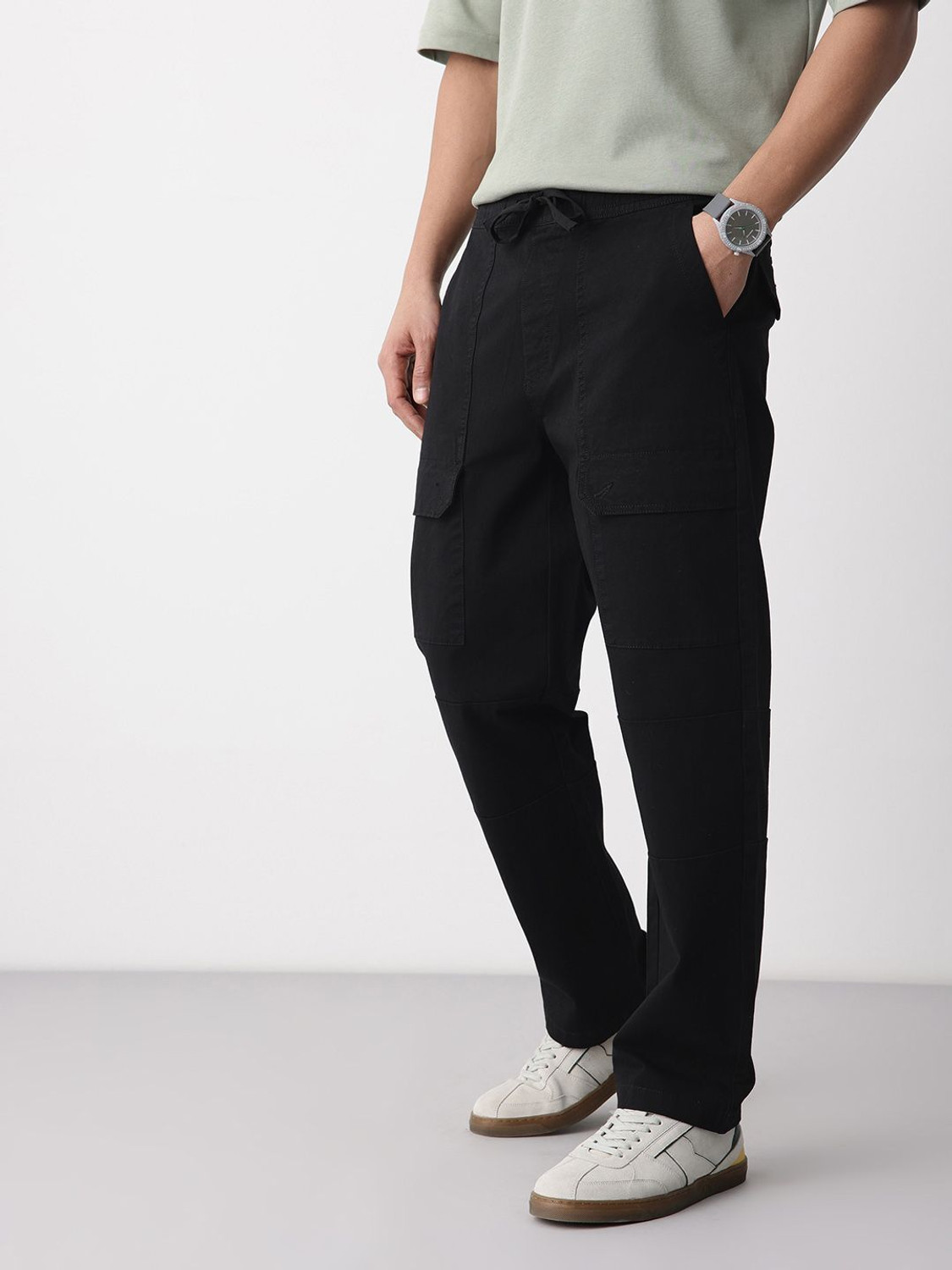 Image of Mast & Harbour Men Straight Fit Black Pure Cotton Trousers