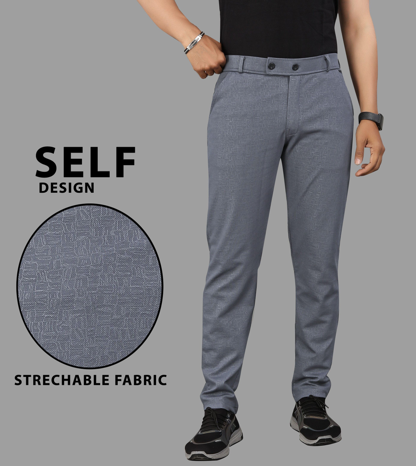 Image of COMBRAIDED Slim Fit Men Grey Trousers