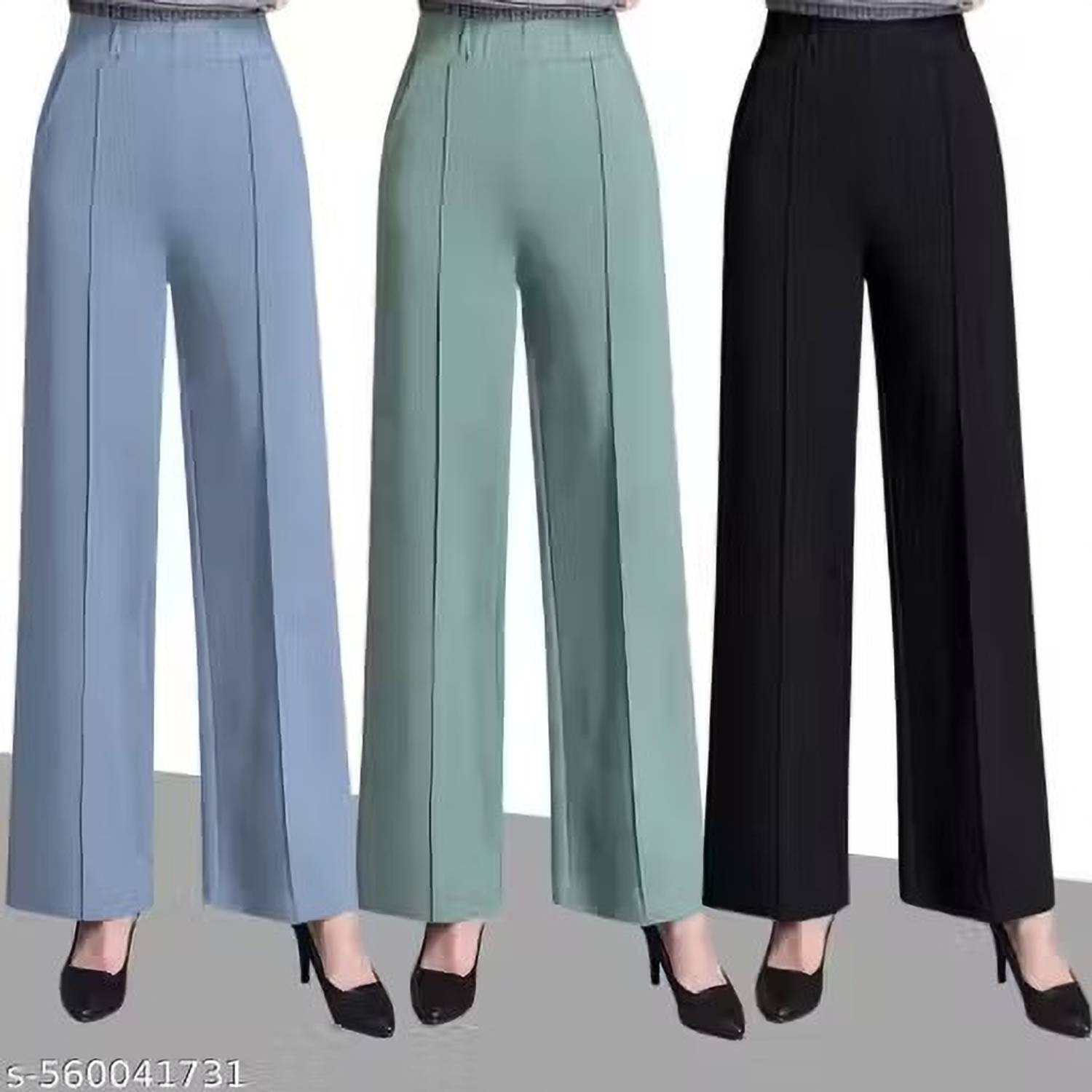 Brainbees Pack of 3 Women Straight Fit Light Blue, Light Green, Black Cotton Blend Trousers
