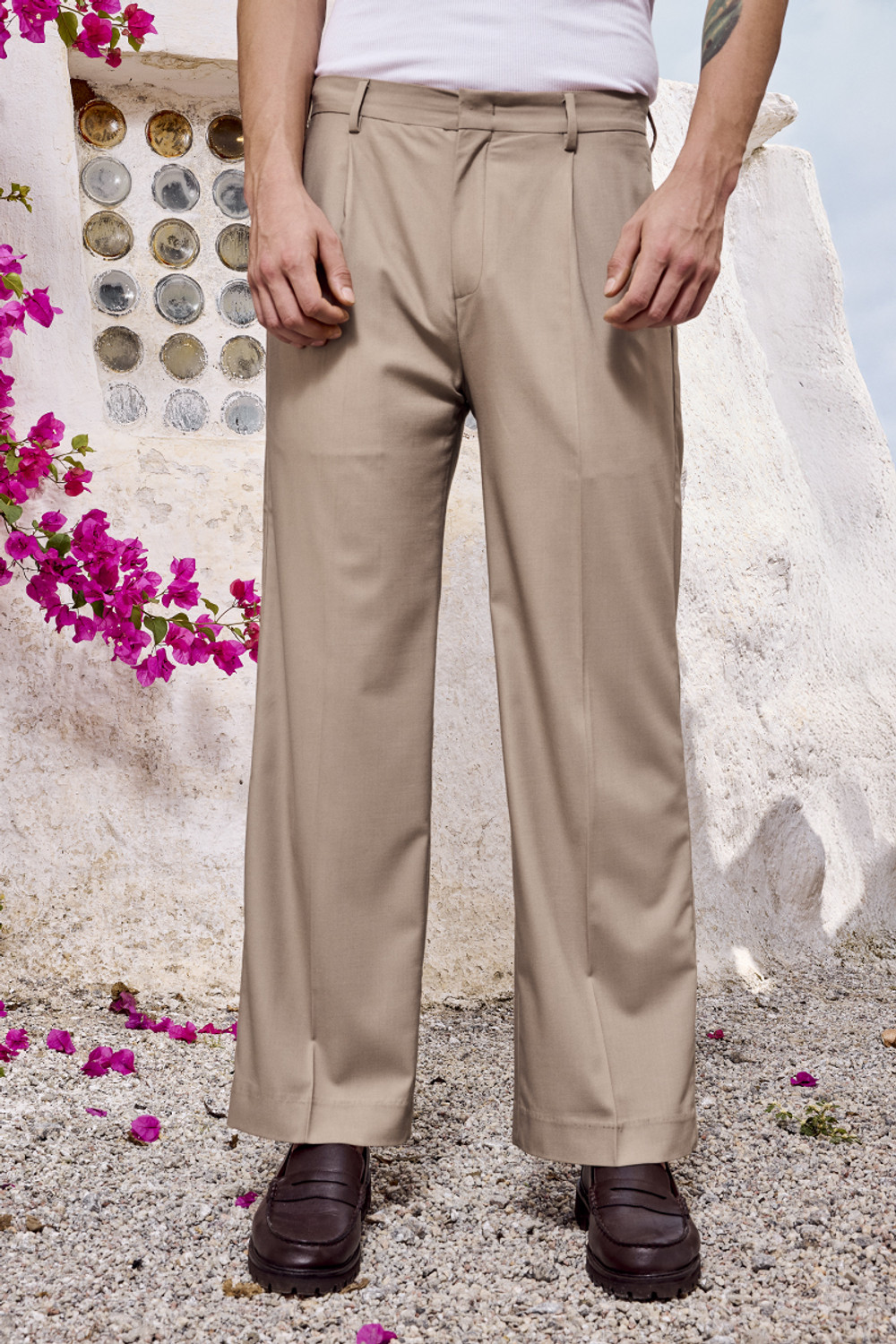 Image of Snitch Men Relaxed Beige Polyester Trousers