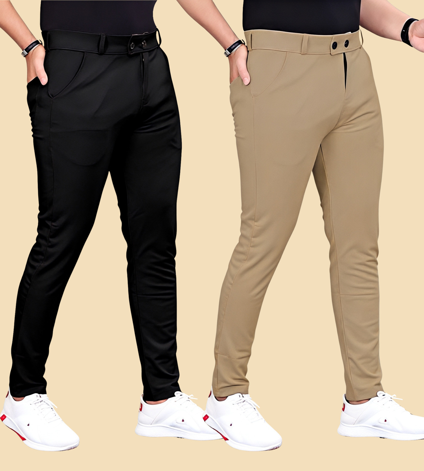 Image of FABAURA Slim Fit Men Black, Khaki Trousers