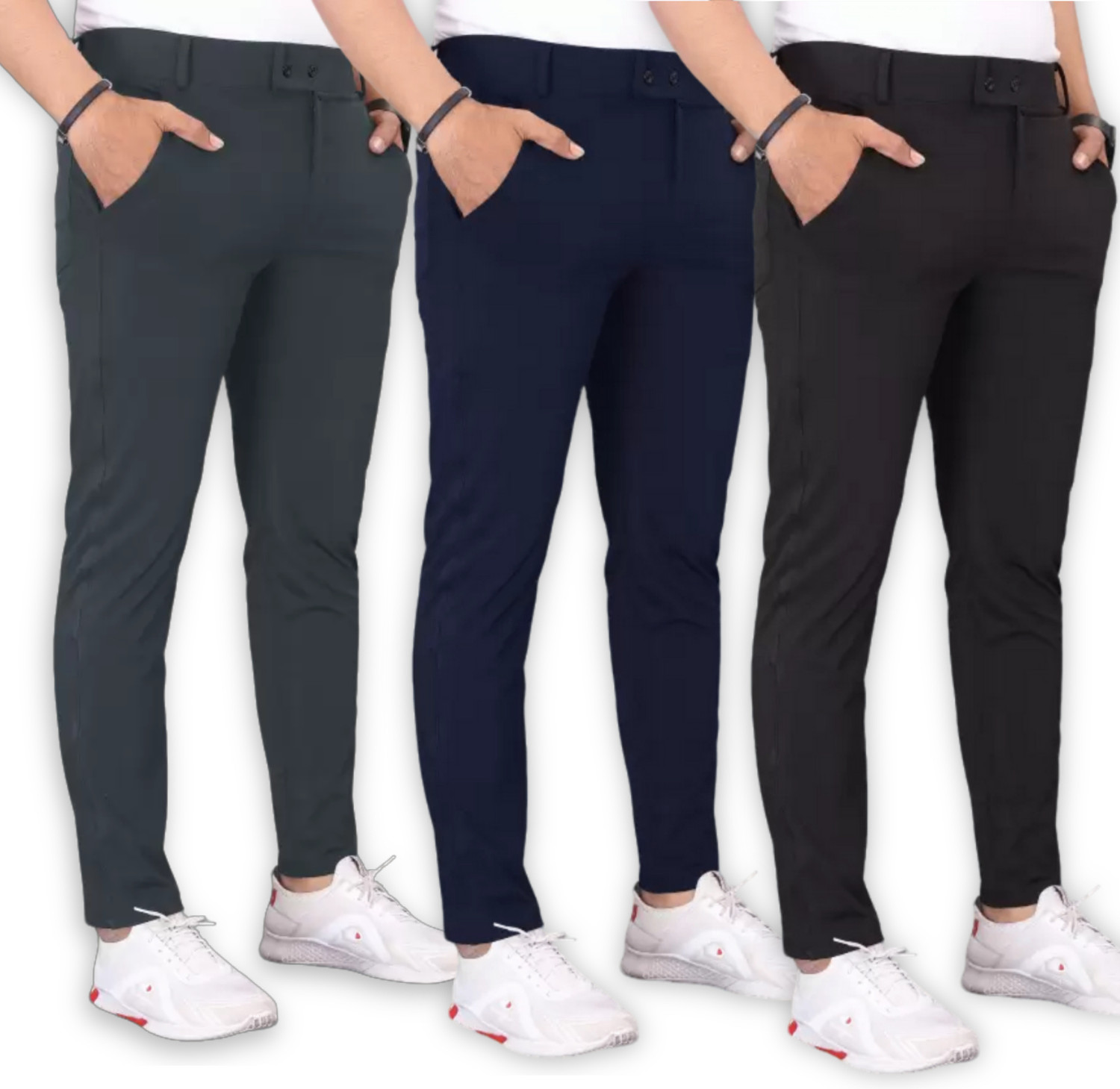 Image of GIBBONTE Slim Fit Men Black, Blue, Grey Trousers