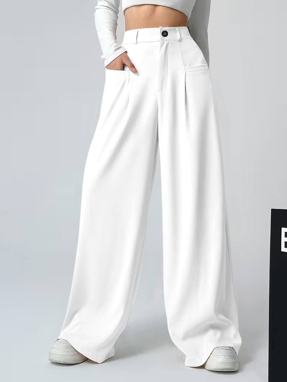 Image of Klossy Women Loose Fit White Polyester Trousers