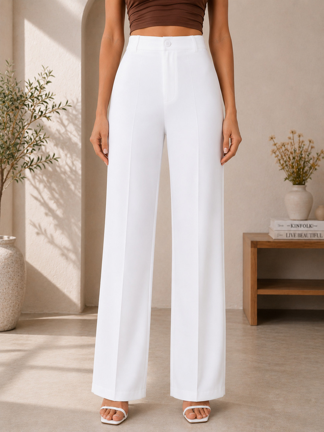 Image of KOTTY Women Regular Fit White Polyester Trousers