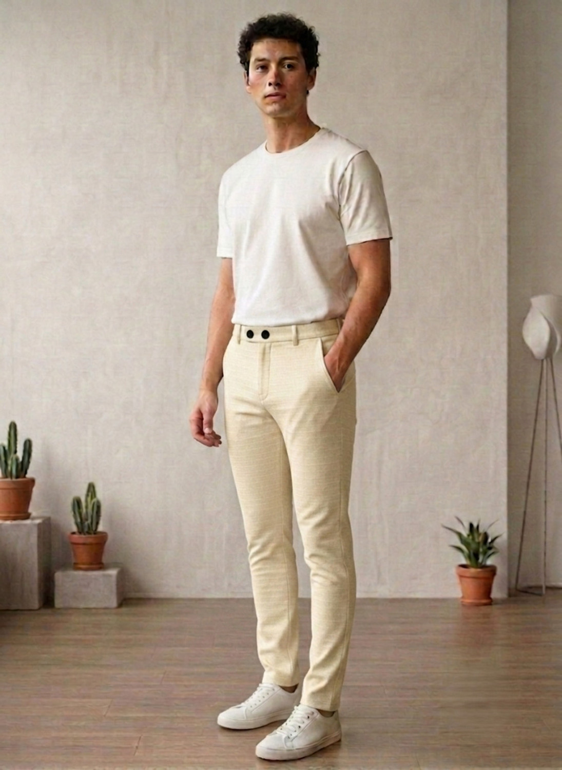 Image of INDICLUB Regular Fit Men Cream Trousers
