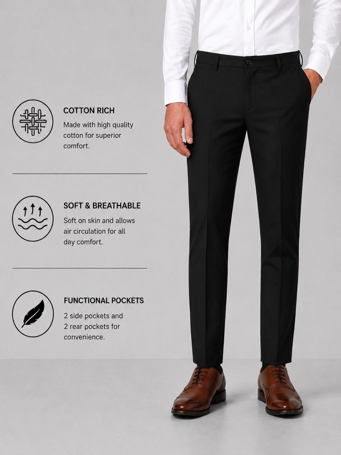 Image of Waistory Regular Fit Men Black Trousers