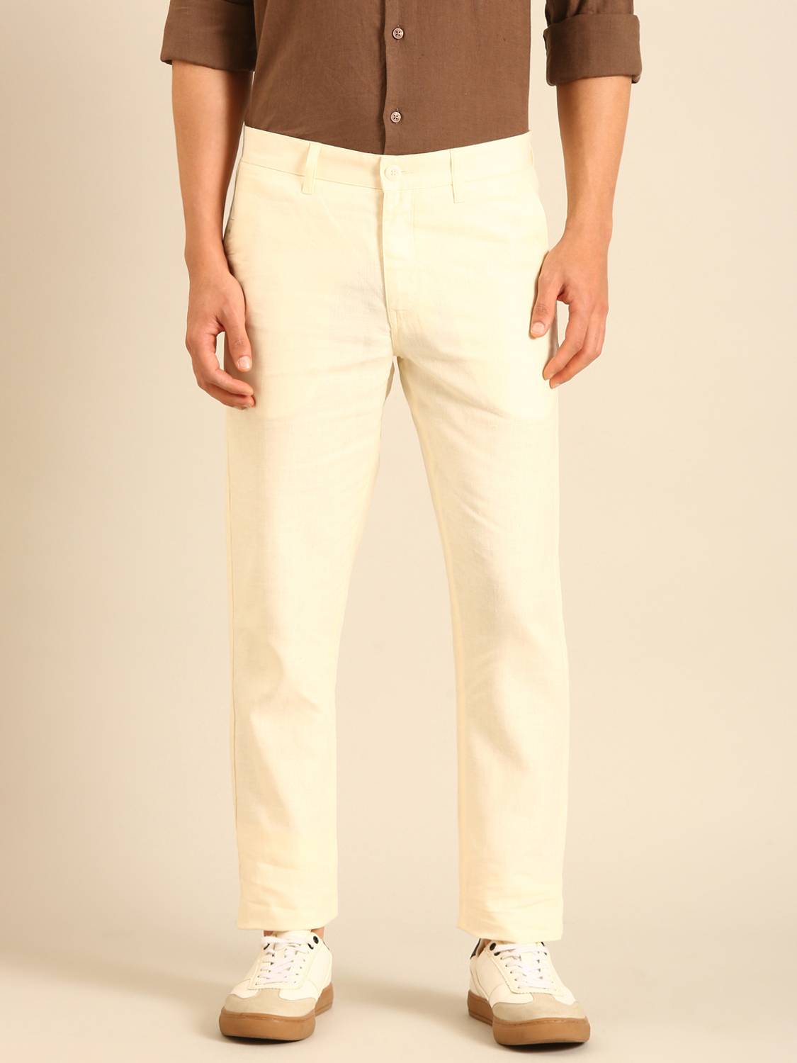 Linen Club Slim Fit White Trousers - Image 1