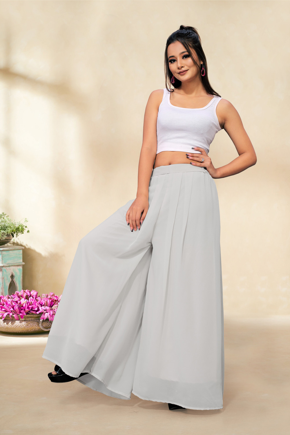 Image of Anti Wrinkle Designer Flared Women Grey Trousers
