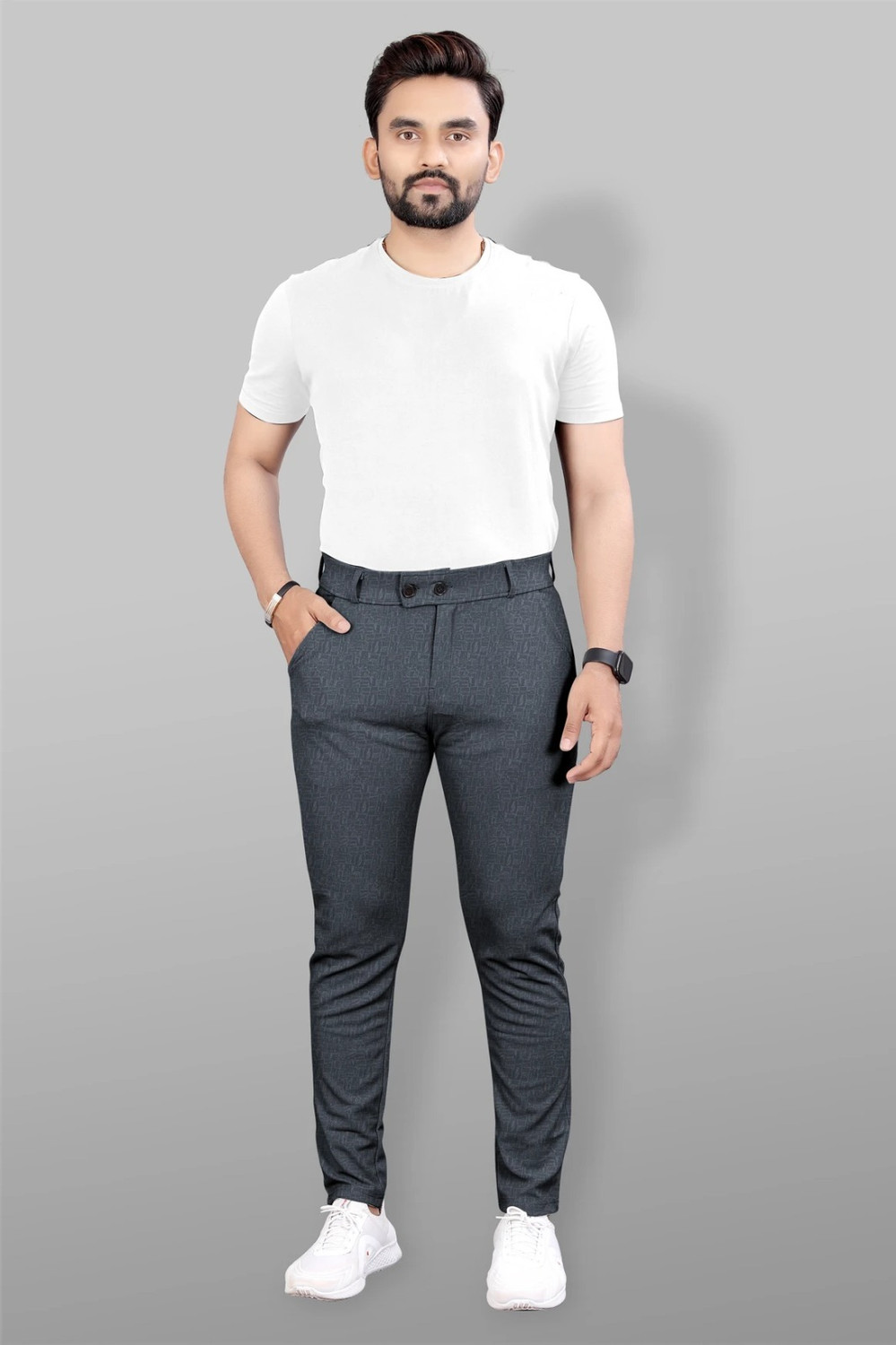 Image of COMBRAIDED Slim Fit Men Grey Trousers