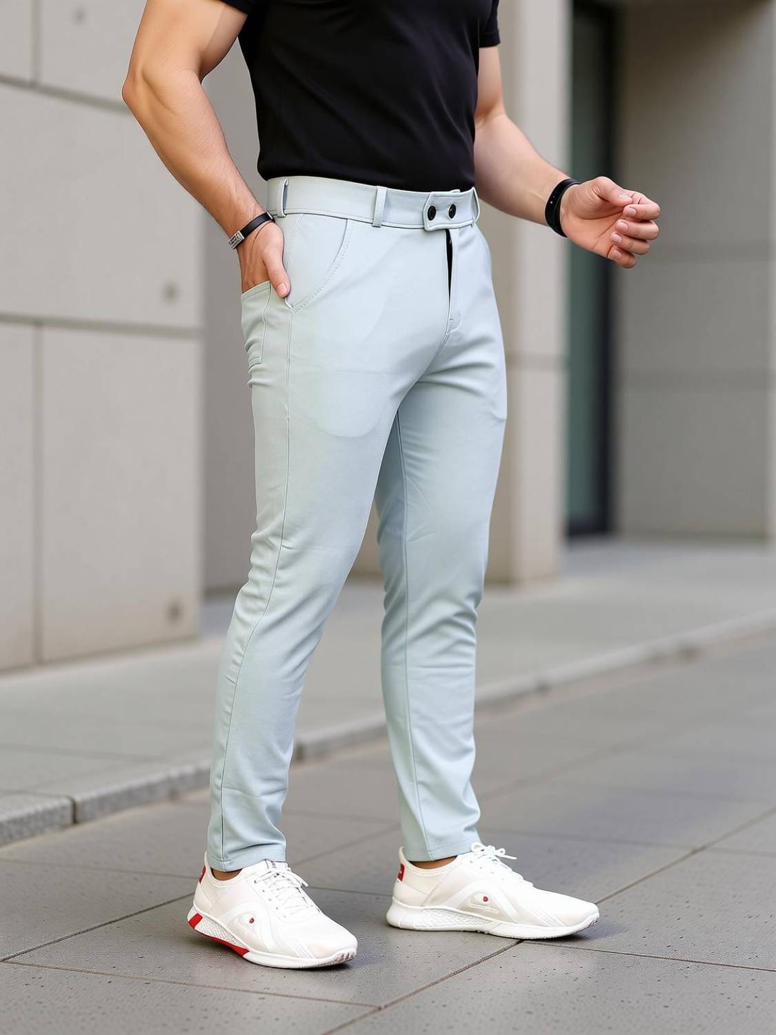 Men Slim Fit Grey Lycra Blend Trousers - Image 3
