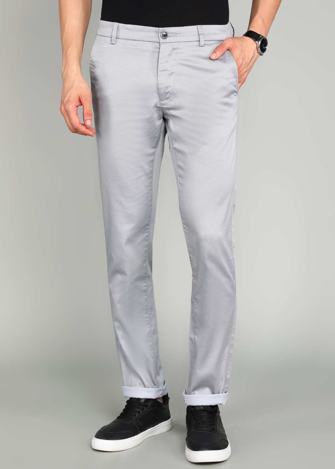 Image of Arrow Sport Men Slim Fit Grey Cotton Blend Trousers