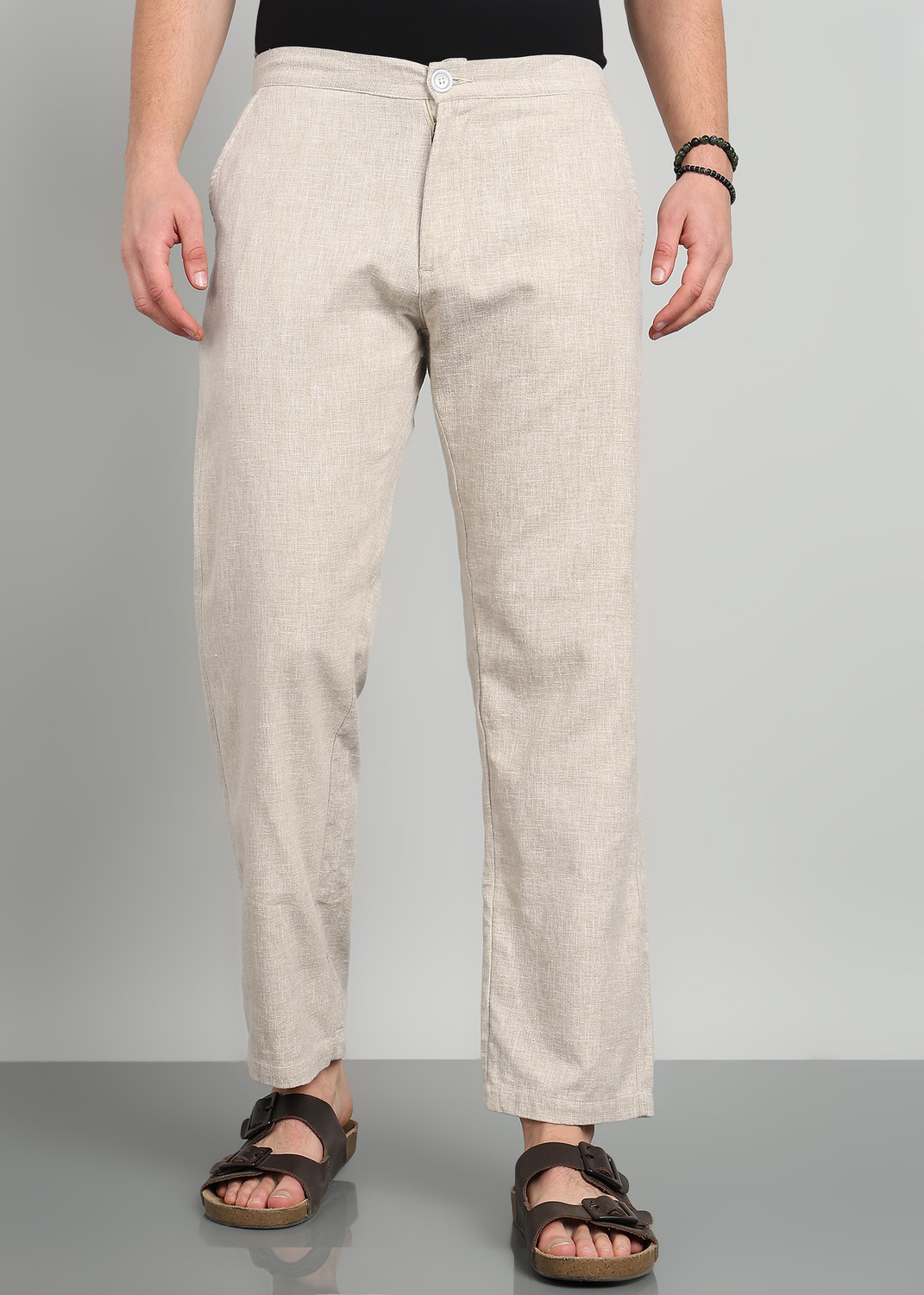 Image of Mast & Harbour Men Regular Fit Cream Cotton Blend Trousers