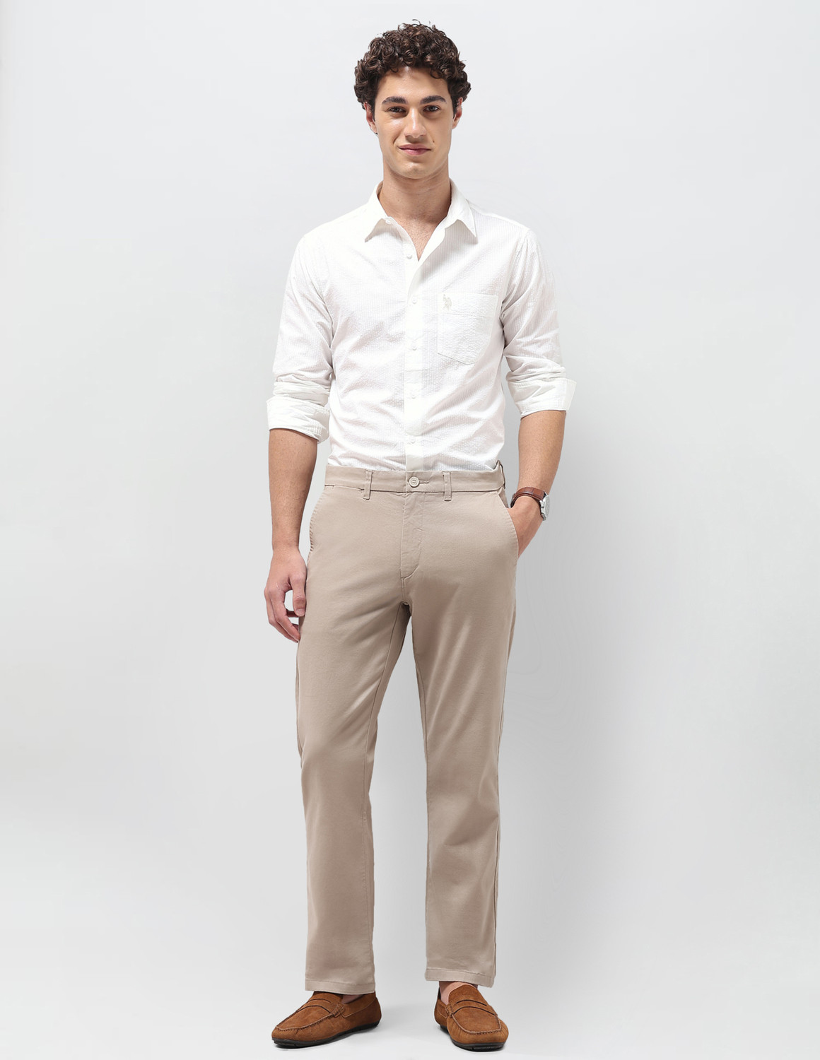 Image of U.S. POLO ASSN. Straight Fit Men Beige Trousers