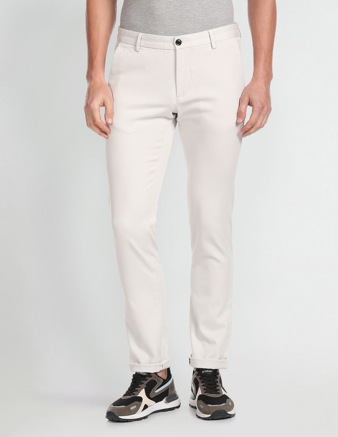Image of Arrow Sport Men Slim Fit White Cotton Blend Trousers
