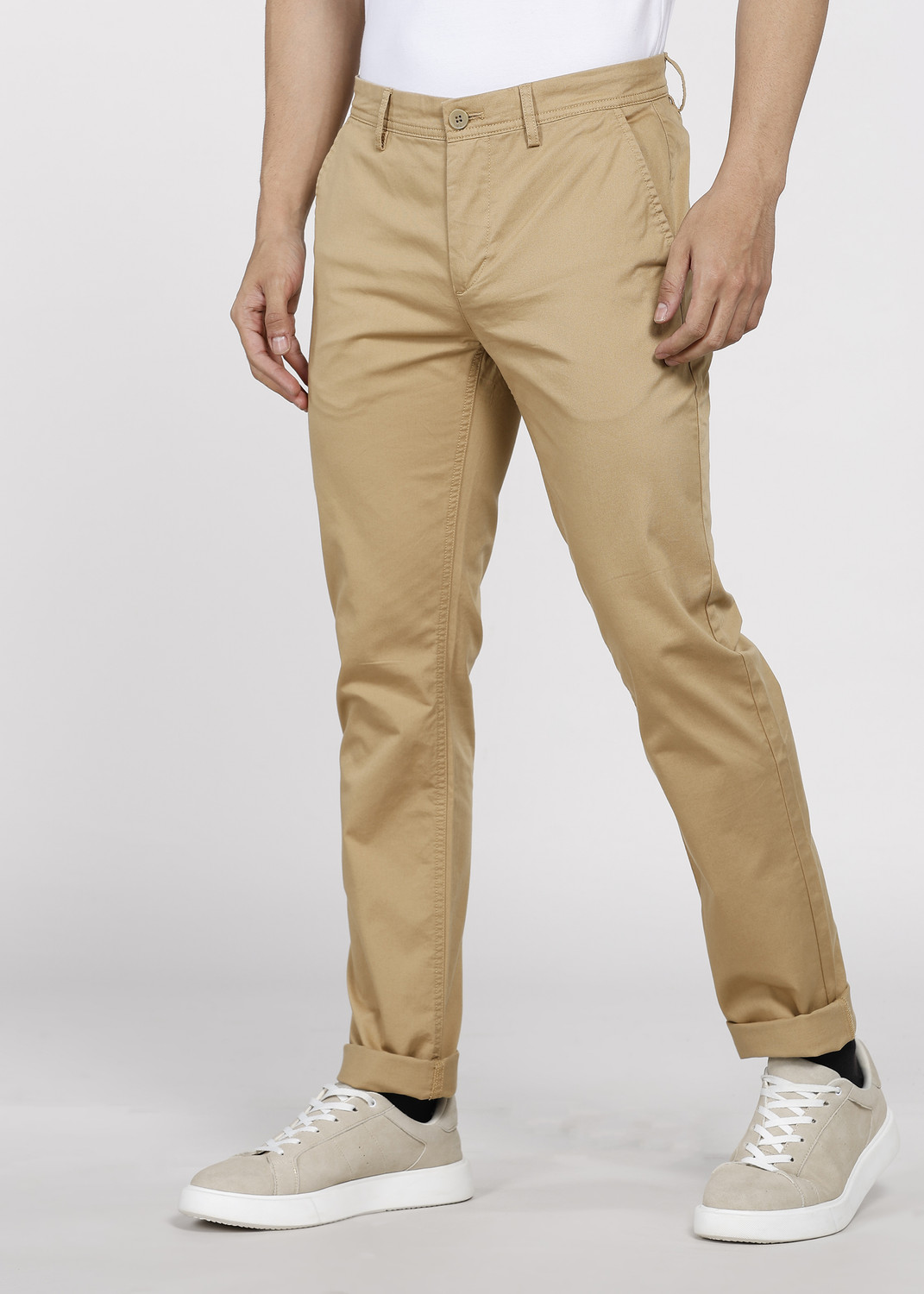 Image of PETER ENGLAND Men Slim Fit Khaki Pure Cotton Trousers