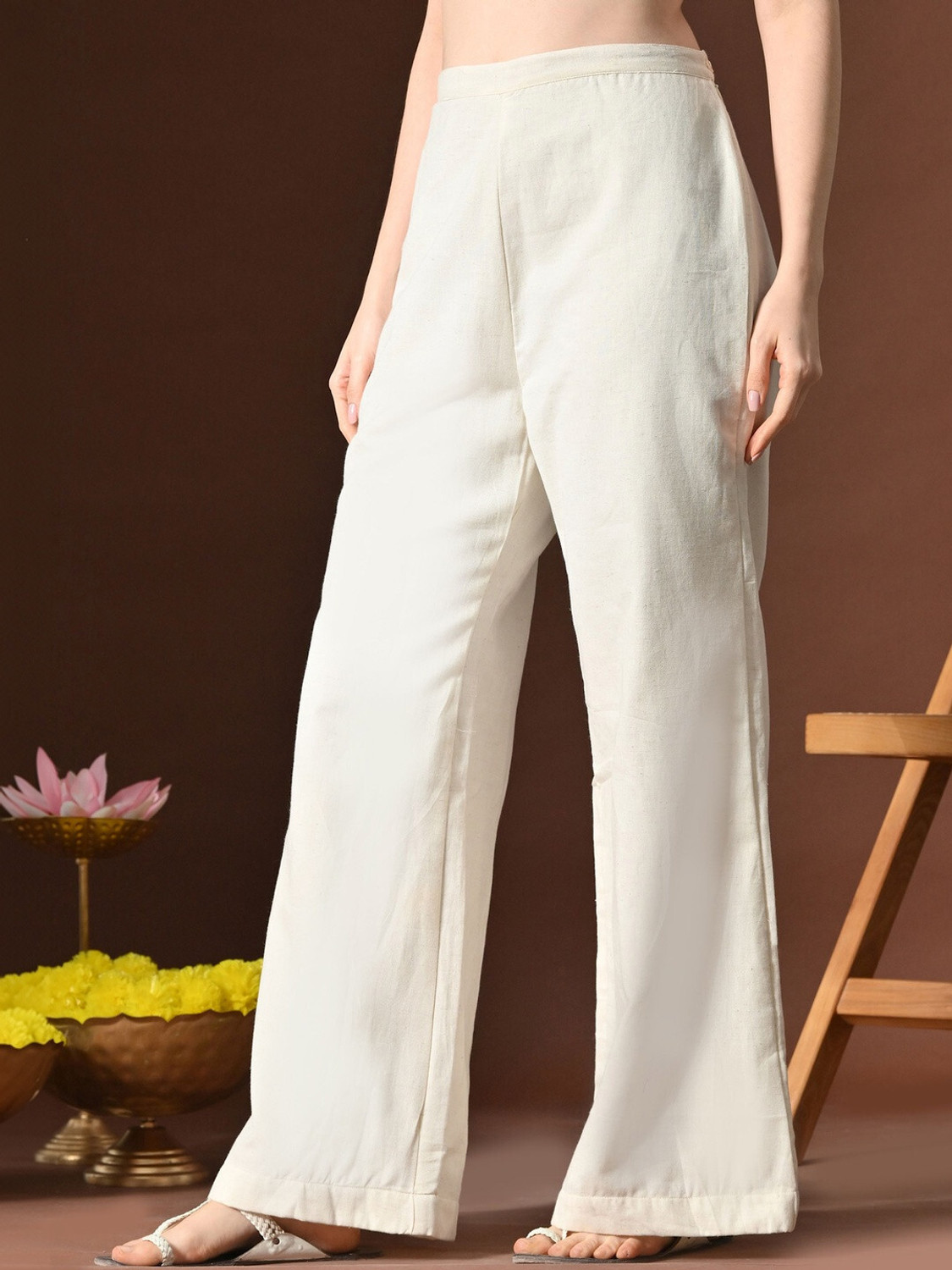Image of SANGAKURTI Loose Fit Women White Trousers