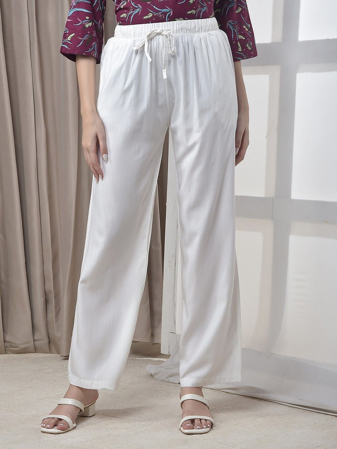 Image of Dollar Missy Women Relaxed White Viscose Rayon Trousers