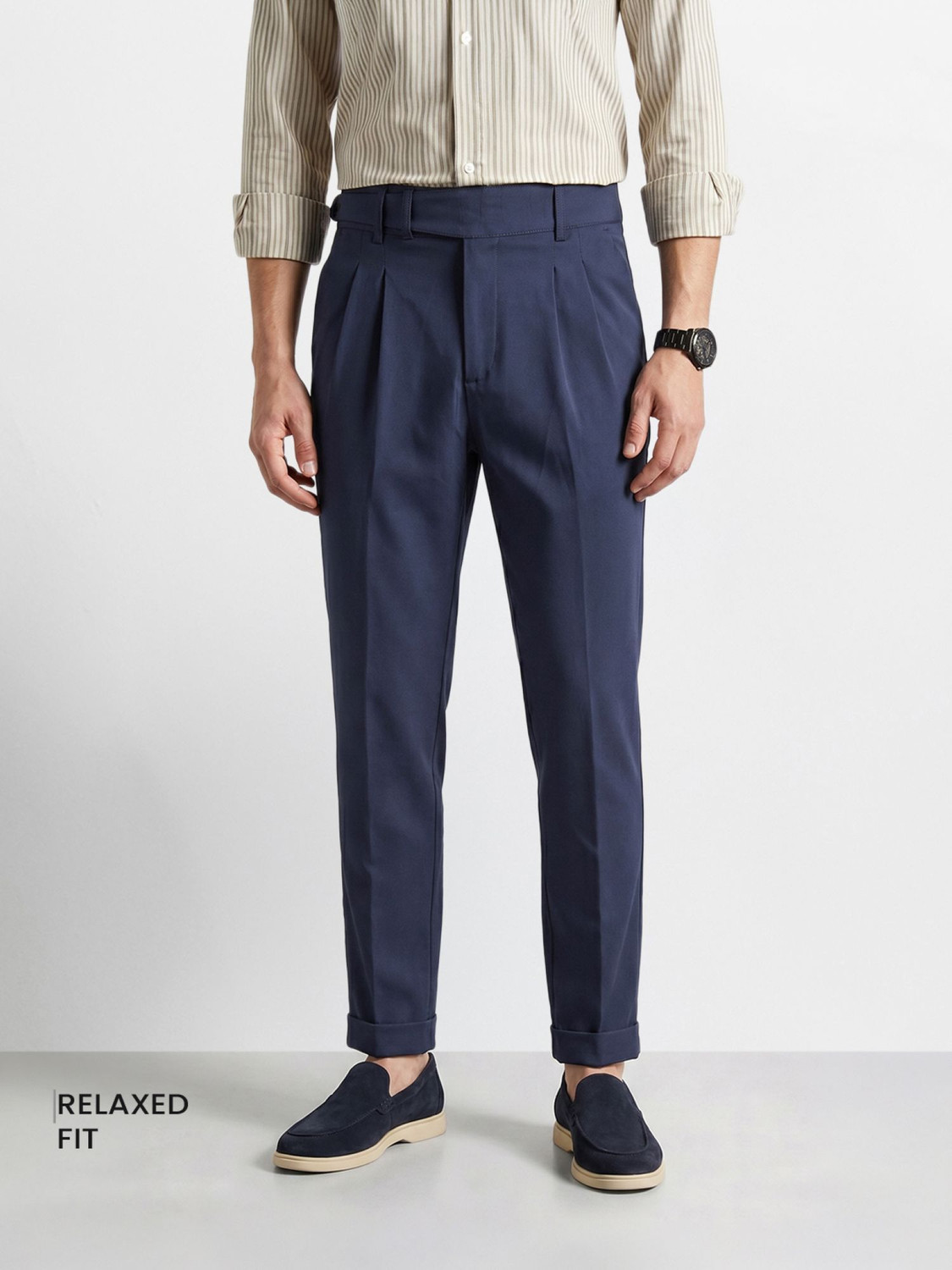 Image of The Indian Garage Co. Men Relaxed Blue Polyester Trousers