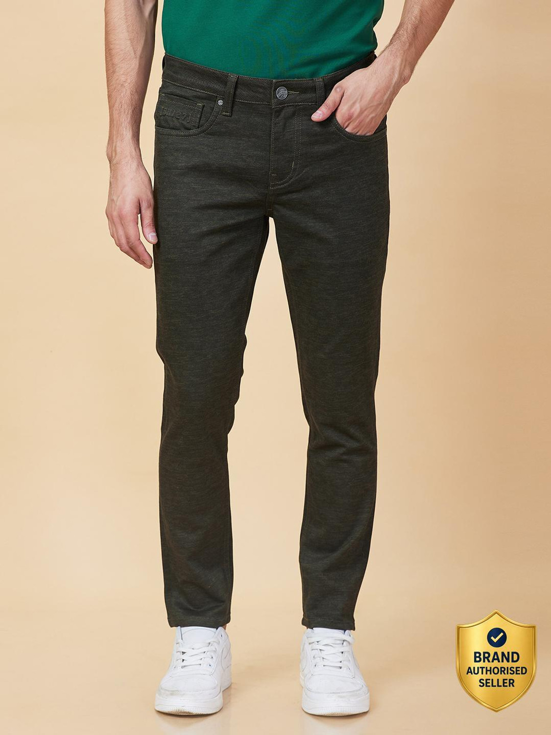 Image of BEING HUMAN Olive Cropped fit Men's Chinos by Being Human Clothing Regular Fit Men Dark Green Trousers