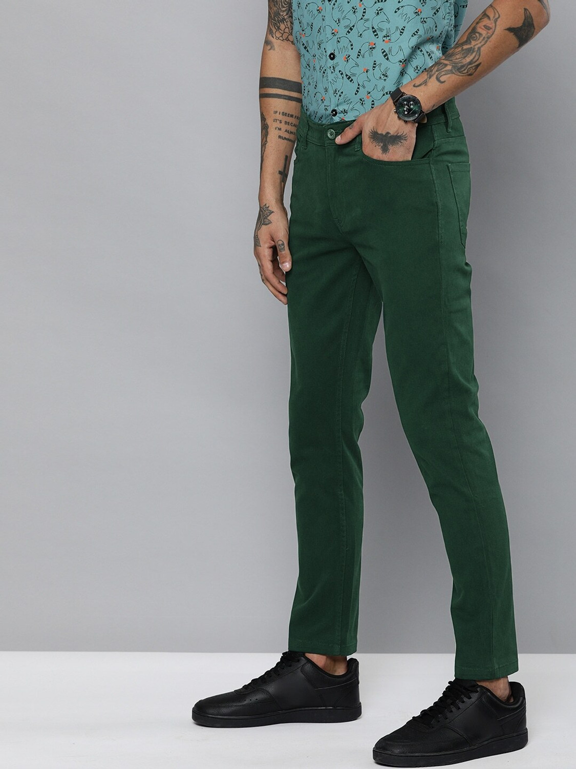 Image of The Indian Garage Co. Slim Fit Men Green Trousers