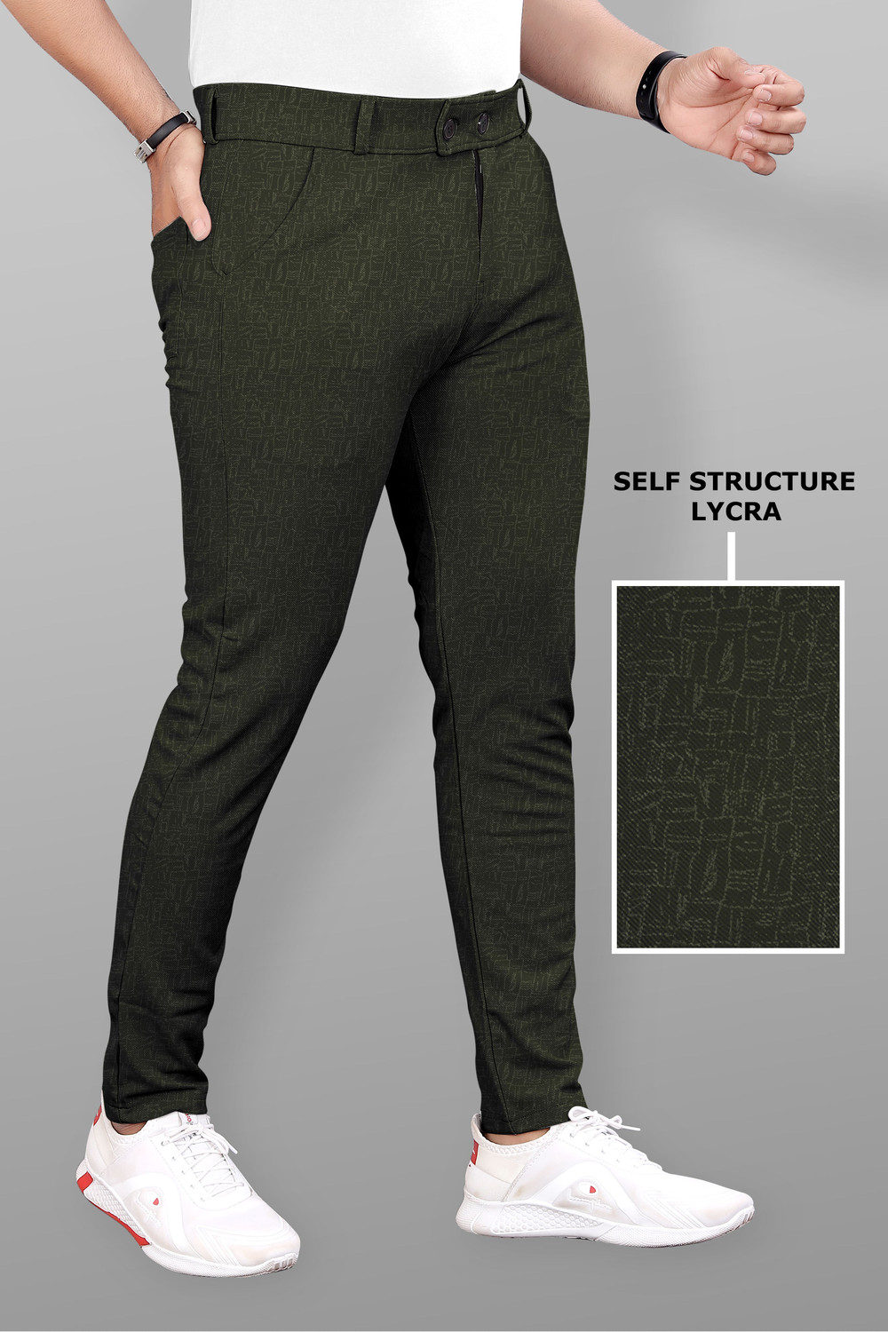 Image of COMBRAIDED Slim Fit Men Dark Green Trousers