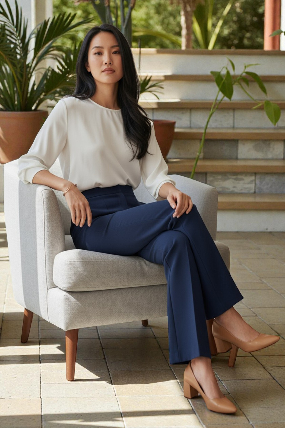 Image of FUBACK Flared Women Beige, Blue Trousers
