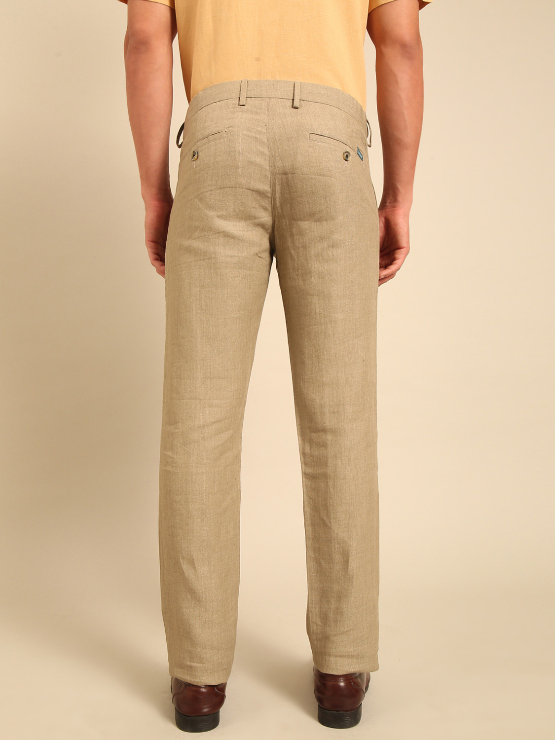 Image of Linen Club Men Regular Fit Khaki Pure Linen Trousers