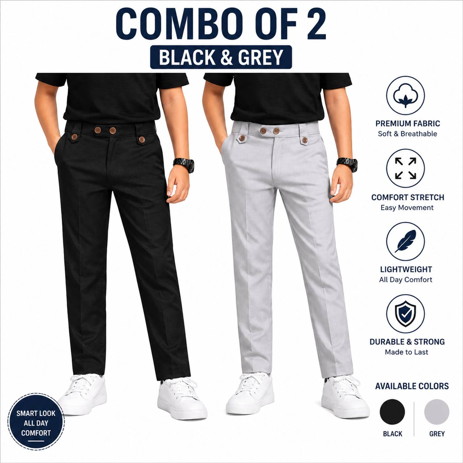 boldcloth Slim Fit Boys Grey, Black Trousers