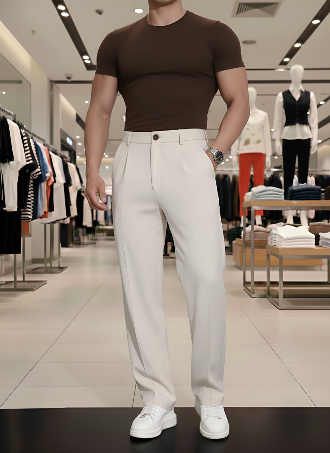 Image of MWFASHION Straight Fit Men Beige Trousers