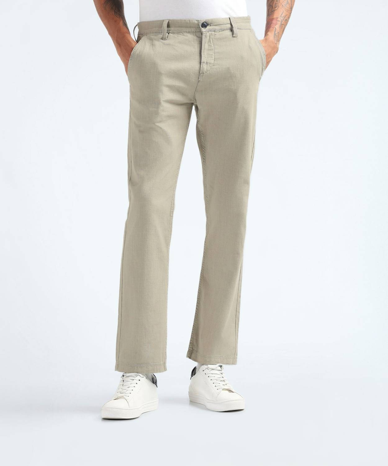 Men Regular Fit Beige Cotton Blend Trousers - Image 1
