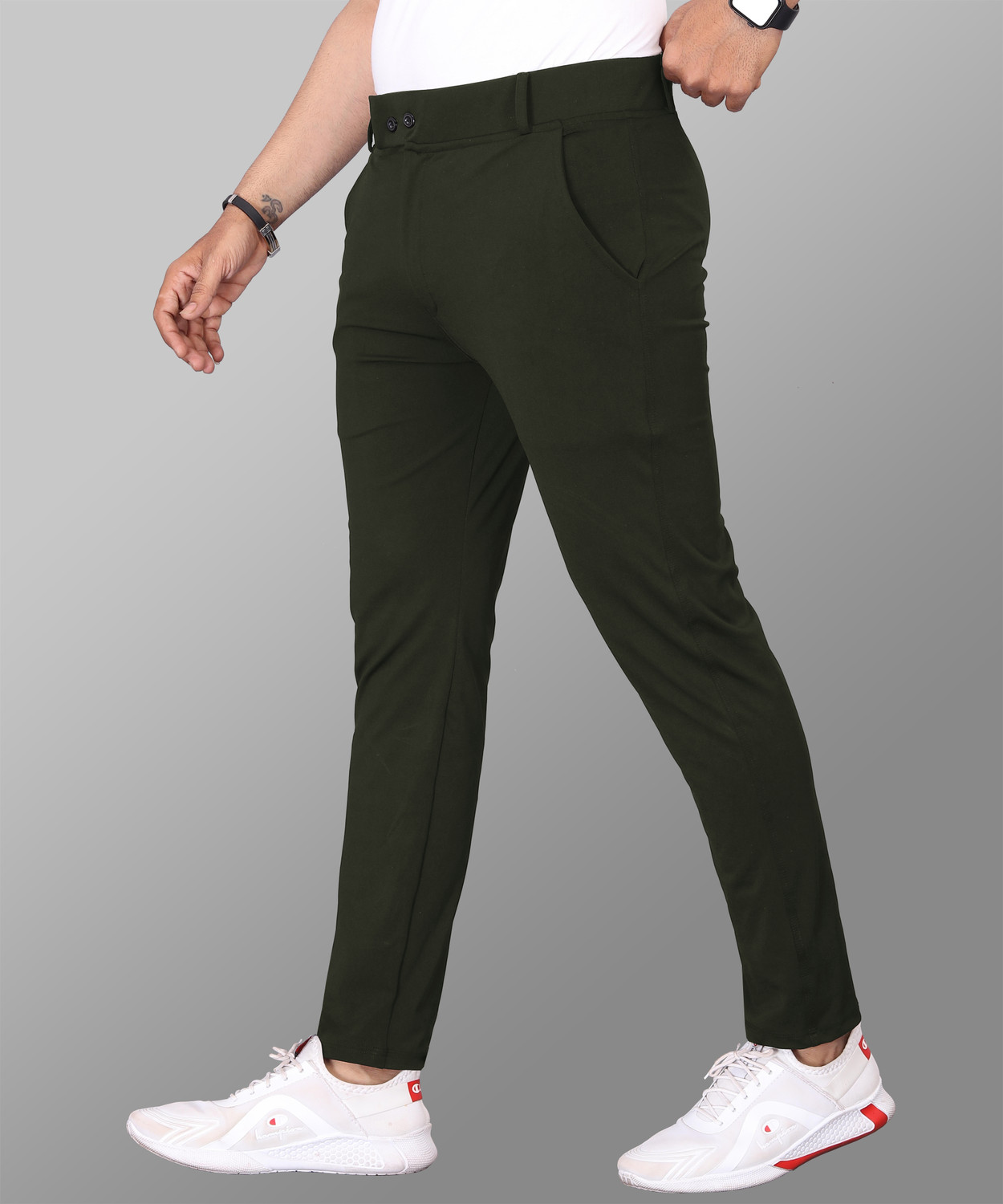 Image of COMBRAIDED Slim Fit Men Dark Green Trousers