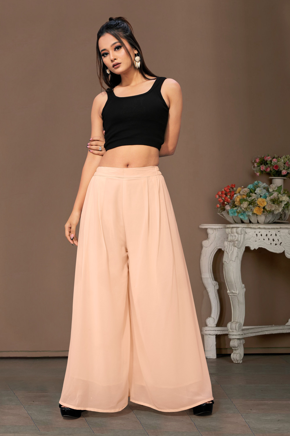 Image of Anti Wrinkle Designer Flared Women Pink Trousers