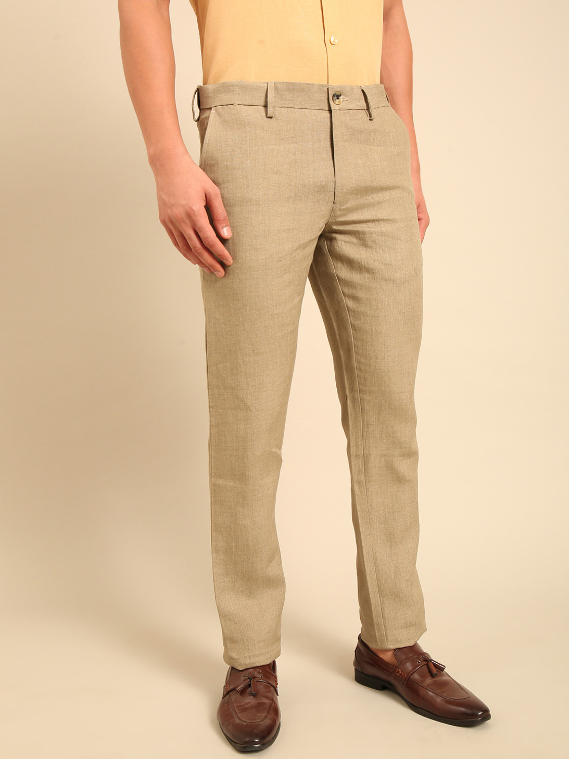 Image of Linen Club Men Regular Fit Khaki Pure Linen Trousers