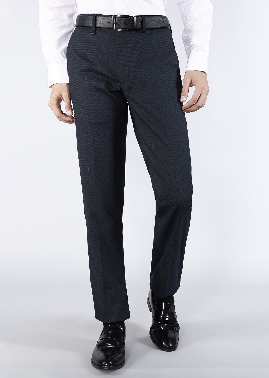Image of VAN HEUSEN Men Slim Fit Dark Blue Polyester Trousers