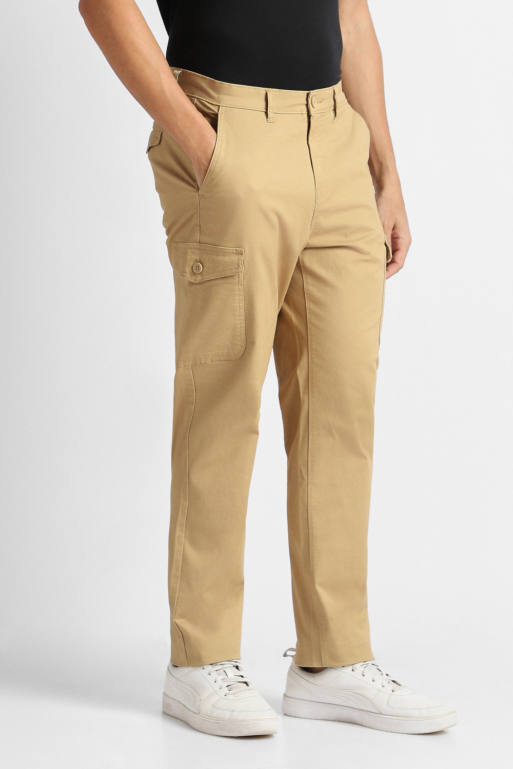 Image of VAN HEUSEN SPORT Men Comfort Fit Khaki Cotton Blend Trousers
