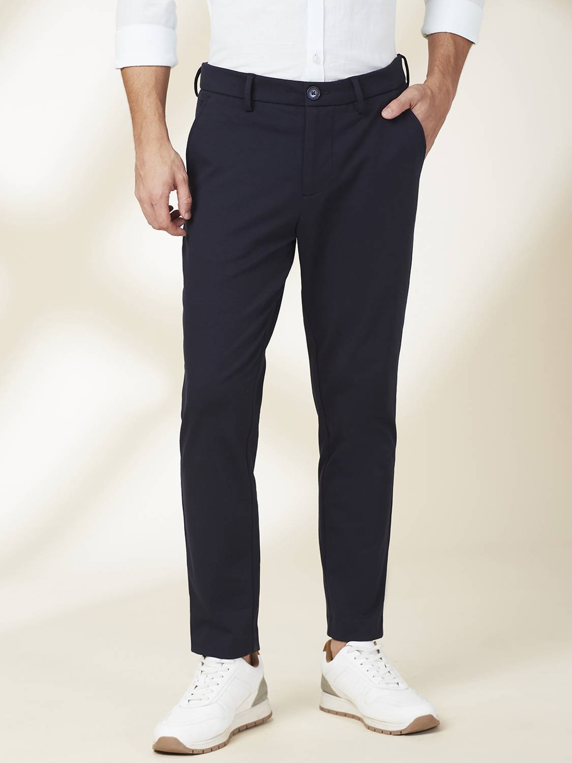 BEING HUMAN Navy Cropped Fit Chino For Men By Being Human Clothing Regular Fit Men Blue Trousers