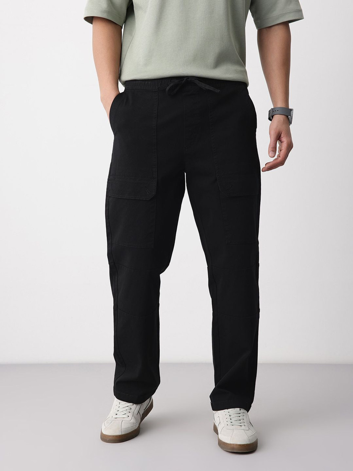 Image of Mast & Harbour Men Straight Fit Black Pure Cotton Trousers