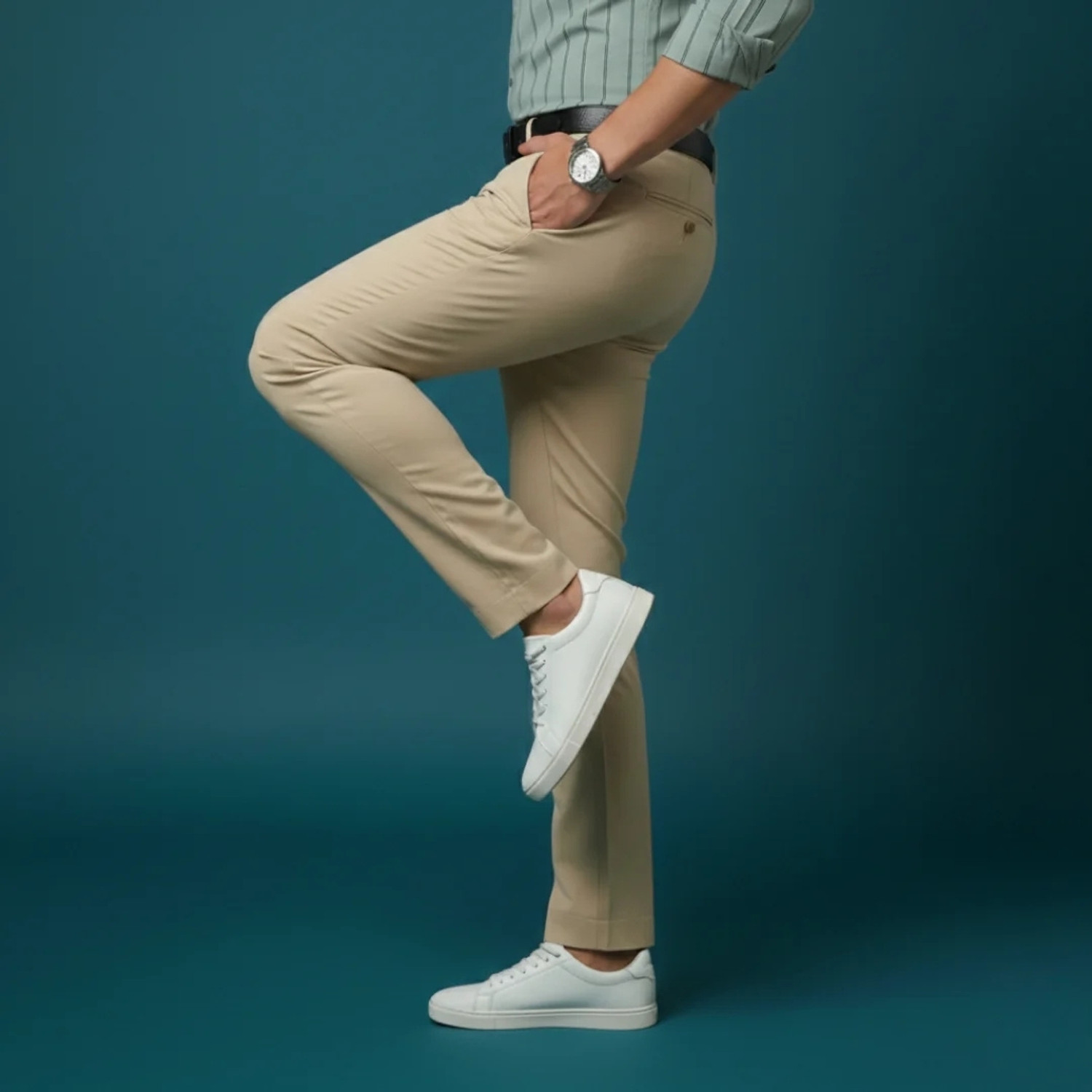 Image of PAKKALOOK Men Regular Fit Beige, Khaki Satin Trousers