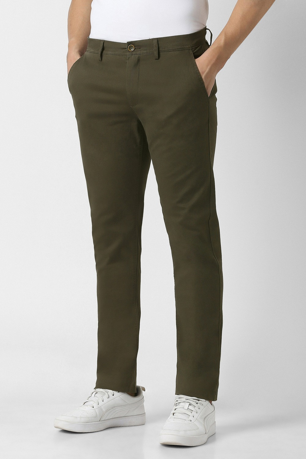 Image of PETER ENGLAND Men Slim Fit Green Cotton Blend Trousers