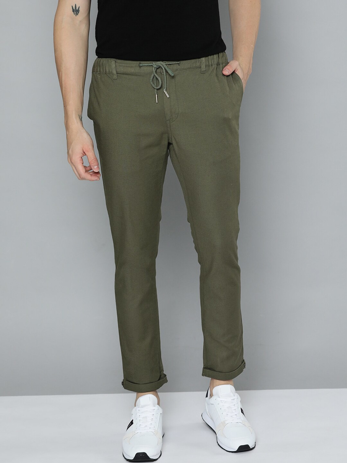 Image of Mast & Harbour Regular Fit Men Dark Green Trousers