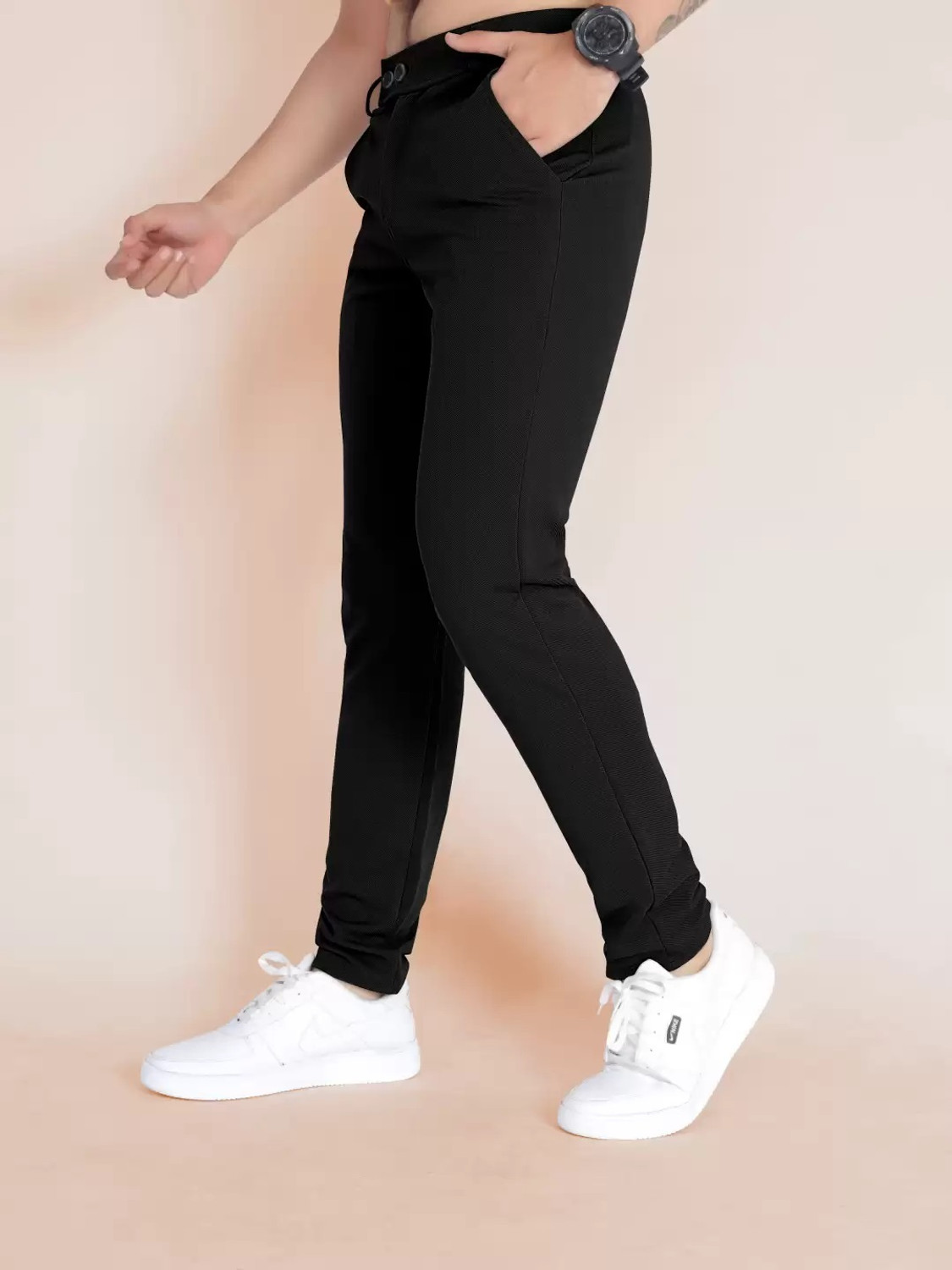 Image of NAYAKRIT Slim Fit Men Black, Grey Trousers