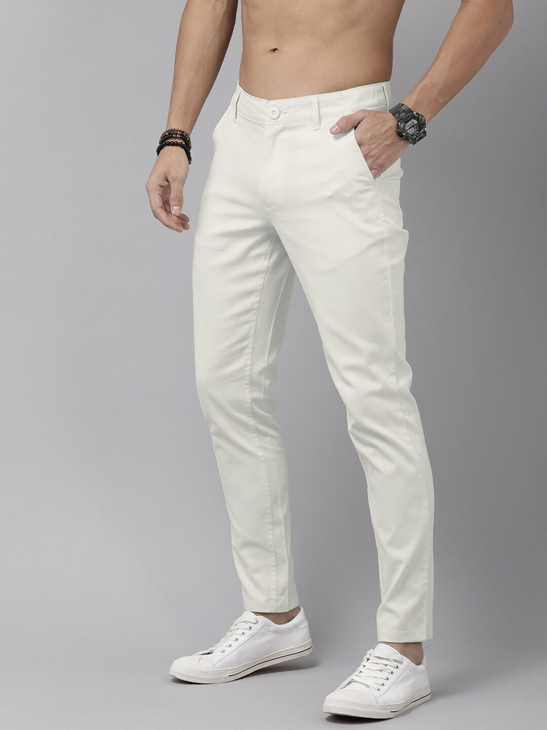 Image of Roadster Regular Fit Men White Trousers